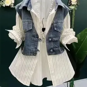 Fashion Design Sense Striped Denim Jackets Shirt Women's Spring Summer New cowboy Splicing Fake Two Pieces Shirt Coat Top Women