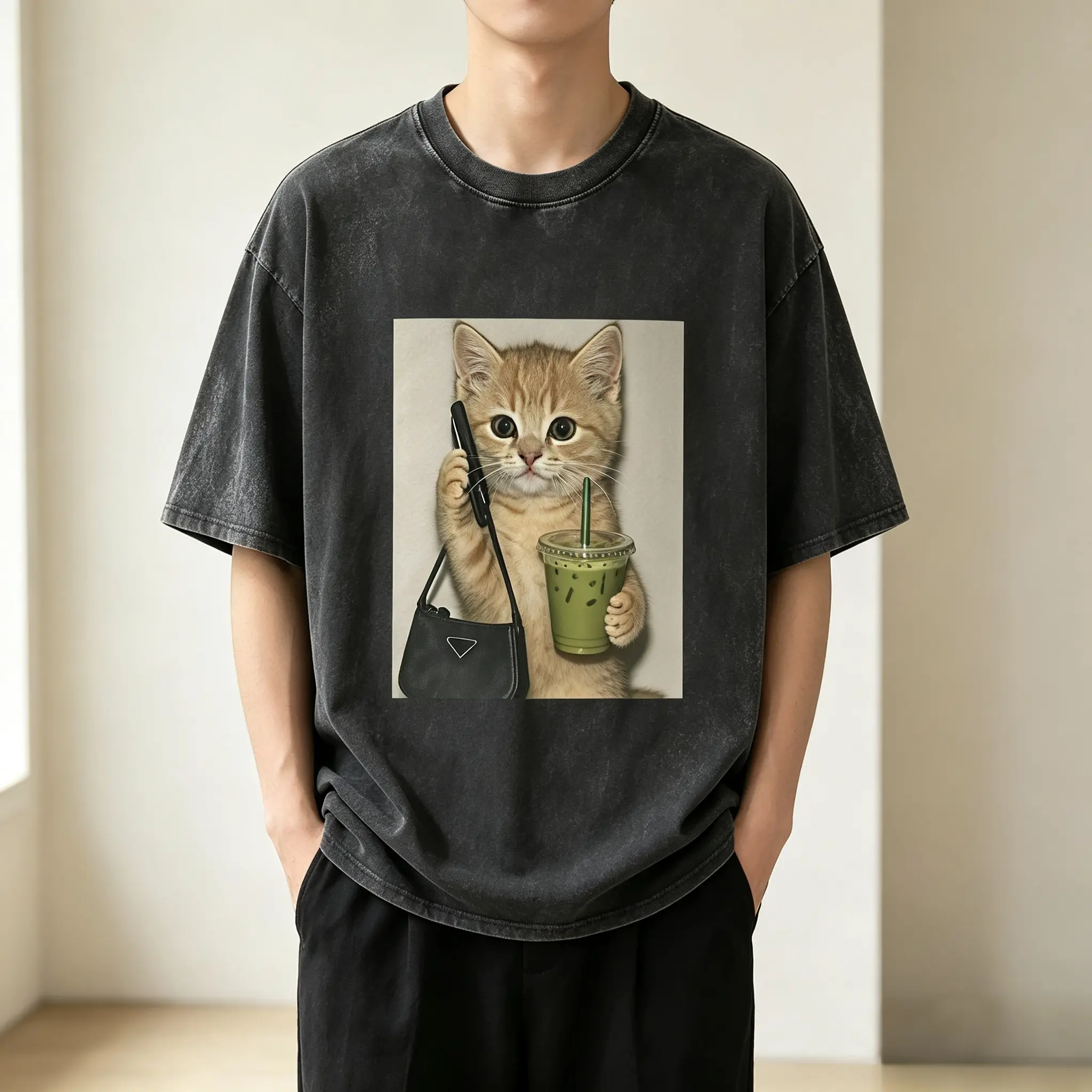 Unisex Y2K Cute Kitten & Matcha Drink Print Loose Washed Tee, American Vintage Crew Neck Pet Graphic Print T-Shirt, Retro Streetwear Festival Casual Daily Tops Soft Girl Aesthetic Style Top, Cartoon Pet Fashion