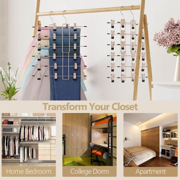 2 Pack 6-Tier Skirt Hangers with Clips, 360° Swivel Hook Metal & Plastic Pants Hangers, Space-Saving Closet Organizer for Skirts, Pants, Slacks & Trouser Storage