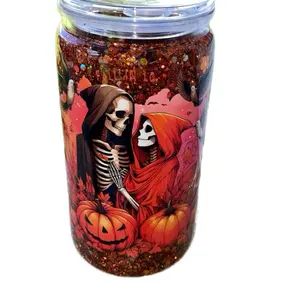 Fall In Love Tumbler with Halloween Theme Featuring Skeletons and Pumpkins Glitter Design