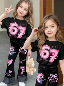 Adorable Multicolor Cartoon Girl Pattern Set, Fitted Round Neck Short Sleeve Top & Bell Bottoms, Casual Summer for Young Girls, Cartoon Print Set