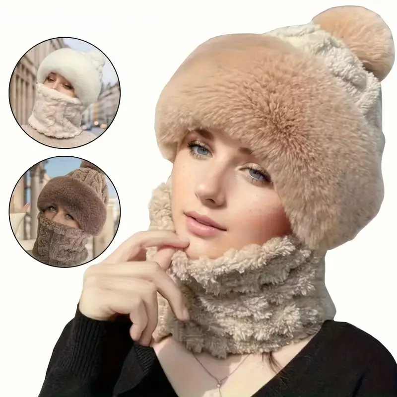 Women's Winter Hat Scarf Set, New Fleece Lined Thickened, Windproof Cold-Resistant Cycling Cap, Suitable for Electric Bikes
