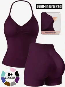 Women's Seamless Halter Sports Set, Detachable Padded Bralette + High Waist Butt Lifter Shorts, Y2K Two-Piece Workout, Yoga & Daily Wear