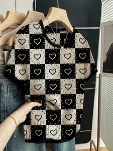 Plaid Heart Print Round Neck Sweater, Casual Short Sleeve Knitwear for Spring Summer Fall, Comfortable Warm Women's Clothing