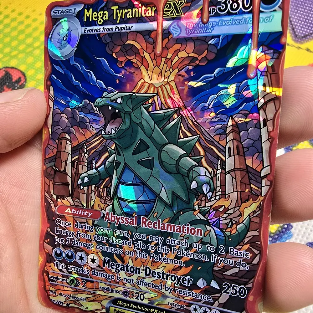 Mega Tyranitar ex Volcanic Cataclysm Pokemon Stained Glass Design and  Fractal Glass Finish Lava Border Standard Size and Back Display Card -  TikTok Shop