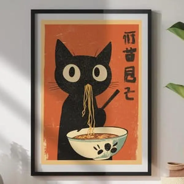 Hungry Black Cat Ramen Poster: Japanese Food Art Print