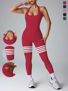 Women's Striped Print Backless Halter Sports Jumpsuit, Casual Comfy Seamless Sleeveless Bodycon Jumpsuit for Yoga Gym Workout, Ladies Sportswear for All Seasons, Sportswear Jumpsuits, Athletic Jumpsuits