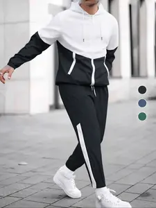 Men's Spring & Fall Hooded Color-Block Sportswear Set, Versatile Trendy Stylish Jacket & Pant Combo, Ideal for Daily Wear, Athletic Tracksuits