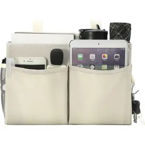 Bunk Bed Organizer, Bedside  Hanging Bed Organizer Storage Bag with 4 Pockets and 2 Hooks, for College Dorm Rooms Bed,  Bed,  Bed Rails, 600D Oxford Cloth (Beige)