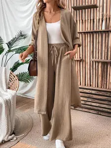 Two-Piece Set Women's Solid Open Front Split Hem Kimono & Tie Front Pocket Fashion Pants Set, Casual Outfits Women Drop Shoulder Long Sleeve Outerwear & Elastic Waist Trousers, Women's Spring & Fall Clothes