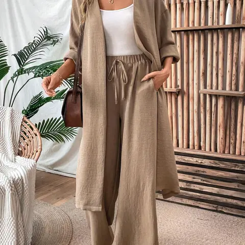 Two-Piece Set Women's Solid Open Front Split Hem Kimono & Tie Front Pocket Fashion Pants Set, Casual Outfits Women Drop Shoulder Long Sleeve Outerwear & Elastic Waist Trousers, Women's Spring & Fall Clothes, Loose Fit Set, Casual Matching Sets