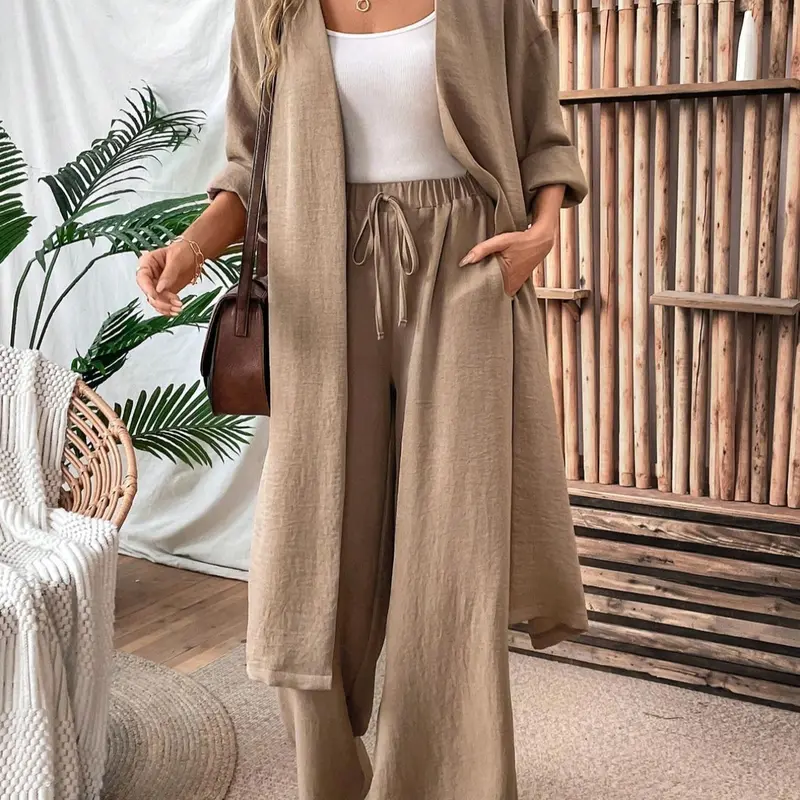 Two-Piece Set Women's Solid Open Front Split Hem Kimono & Tie Front Pocket Fashion Pants Set, Casual Outfits Women Drop Shoulder Long Sleeve Outerwear & Elastic Waist Trousers, Women's Spring & Fall Clothes, Loose Fit Set, Casual Matching Sets