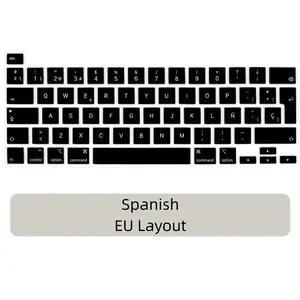 1pc Black Multilingual Silicone Spanish Keyboard Cover EU Layout for MacBook Pro 13”2022 2021 2020 (Apple M2 Chip/M1 Chip A2338/A2289/A2251)&2019 MacBook Pro 16”(A2141), Typing Comfort Dustproof Protector-English French German Arabic Spanish Russian