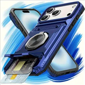 Phone case: Hidden Dual Card Slot Phone Case for iPhone 17 16 15 14 13 12 11 Pro Max Plus Air Series, Built-in Card Slot with Metal 360 °     Rotating Stand, Shockproof Heavy-duty Hard Shell Protective Case