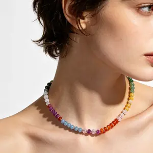 Natural crystal agate abacus beads colorful necklace dopamine rainbow flat beads beaded neck chain pendant necklace bracelet set women earring stud gifts girlfriend