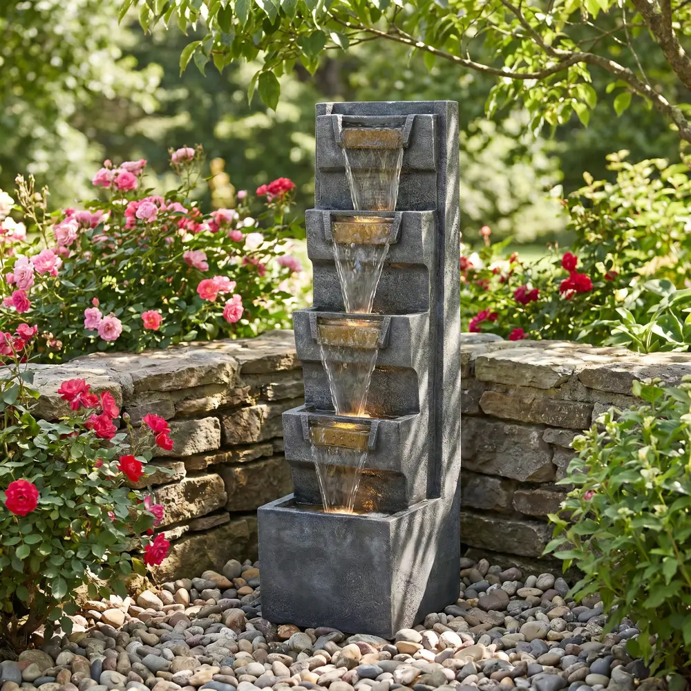 littleox 39.4" Outdoor Water Fountain, Tall 4-Tier Cascading Waterfall Fountain with Warm LED Lights, Stone-Look Resin Water Feature with Quiet Pump for Patio Garden Porch Entryway Backyard Decor