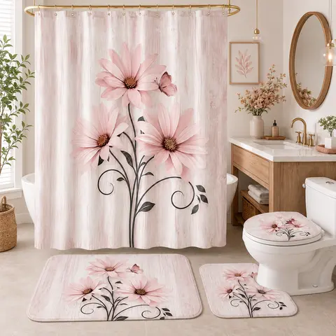 4-Piece  Pink Country Farmhouse Shower Curtain Set with Shower Curtain, Mat, and Accessories; Waterproof Decorative Bathroom Shower Curtain Set with 12 Hooks, 72 x 72 in