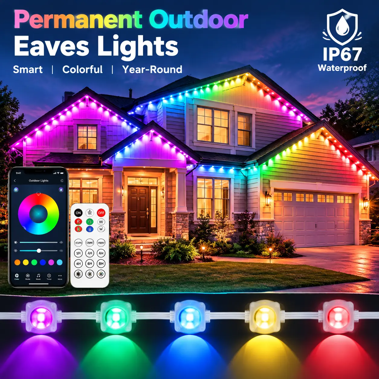 Smart Permanent Outdoor Lights for House, Waterproof RGB Eaves LED Light Strips, App Control Remote, DIY Scene Modes, Roof & Garden Decoration Lighting
