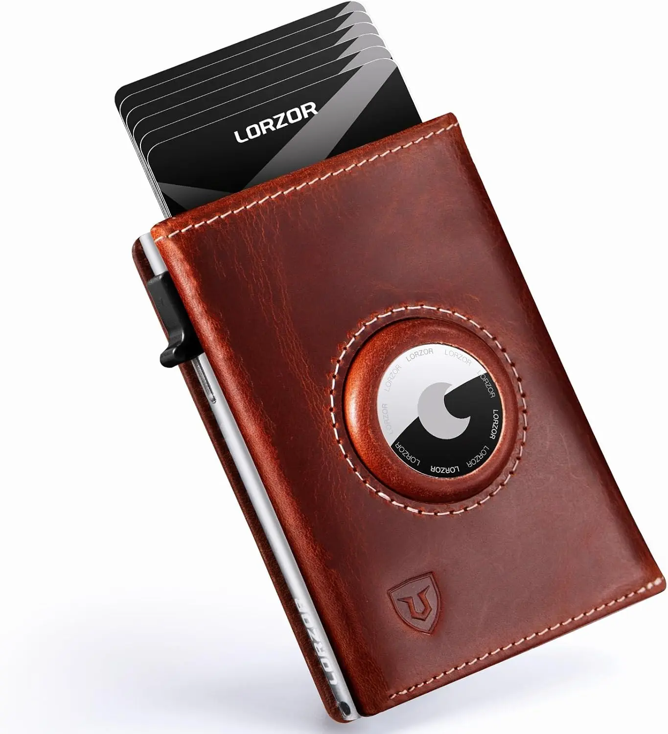 AirTag Wallet - Full Grain Leather, Mens Minimalist Wallet with Apple Air Tag Holder, Slim Smart Pop up Card Case, ID Window, RFID Blocking, Front Pocket (AirTag Not Included)