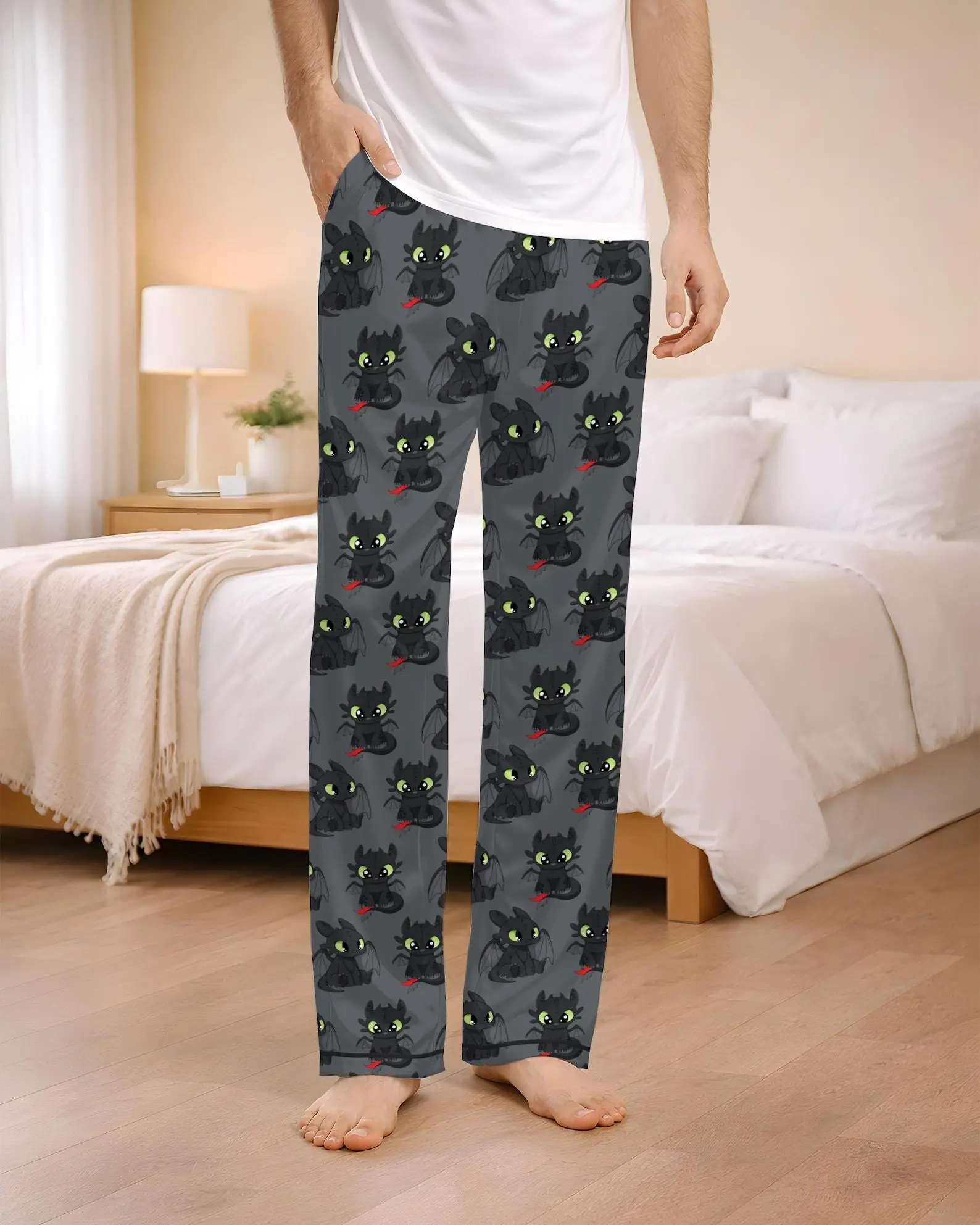 Cute Dragon Lounge Pants, Fantasy Sleepwear Bottoms, Satin Pajamas, Cozy Couple Gift for Dragon Fans