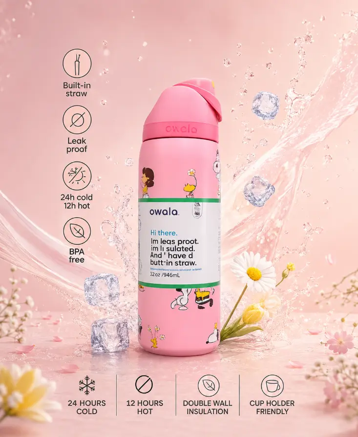 Owala 32oz Water Bottle with Push-button Lid, Vacuum Stainless Steel Insulated Drinkware, Travel Outdoor Sports Camping Birthday Christmas Gift