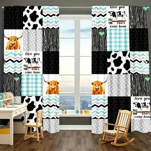 2-piece set of American farm style high ground cow splicing curtains, fun cow pattern kitchen curtains, warm home decoration curtains, semi blackout polyester material curtains