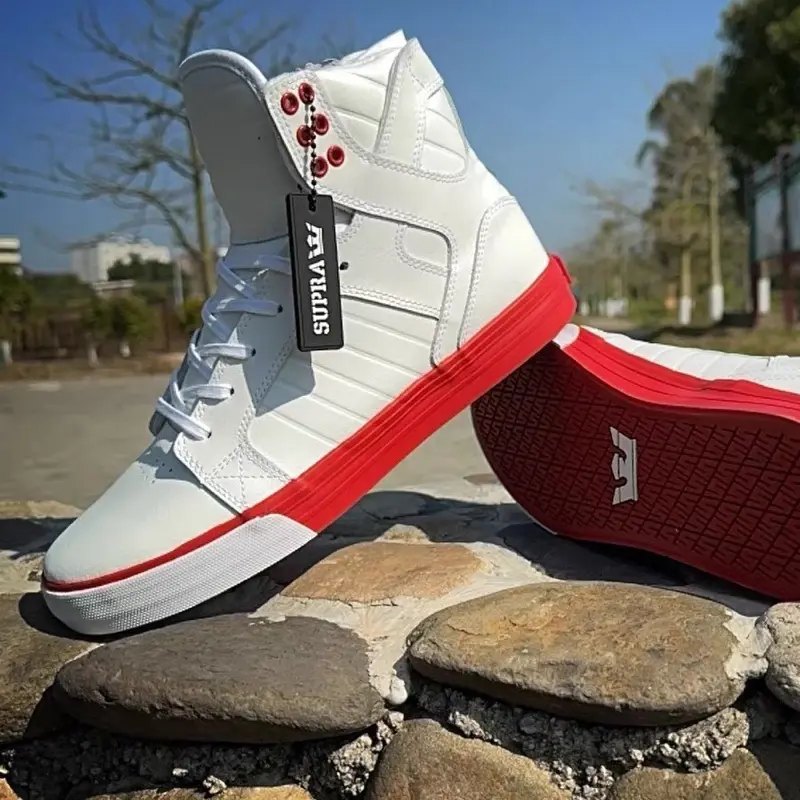 Supra Skytop High Top Skate Shoes Red and White Pebble Leather