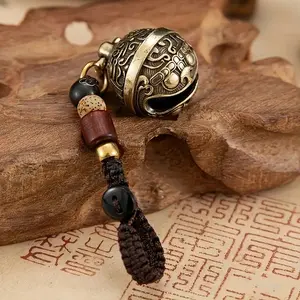 Antique Brass Carved Bell Keychain, Braided Beaded Lucky Charm Keyring, Decorative Accessory for Keys, Bags & Everyday Use