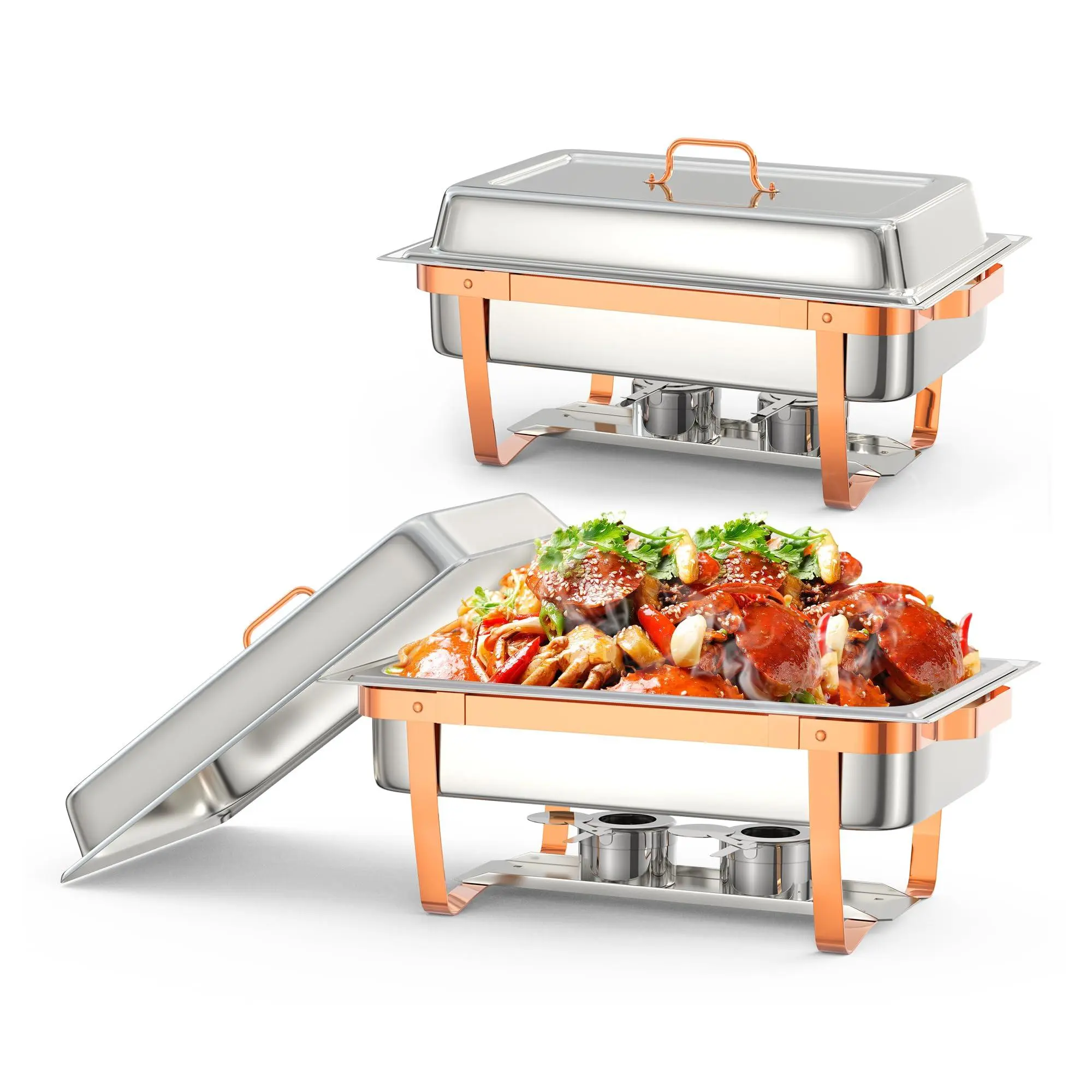 2-Pack Commercial 8 Quart Stainless Steel Chafing Dishes – Rectangular Buffet Warmers with Lid Holders, Rose Gold Finish – Professional Chafer Set for Catering, Wedding Buffets, Banquets, Events
