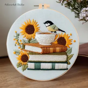 Beginner Embroidery Kit, Elegant Cross Stitch Set, Bird Sunflower Book Style, DIY Embroidery Lovers, Embroidery Craft, Includes Printed Cotton Fabric