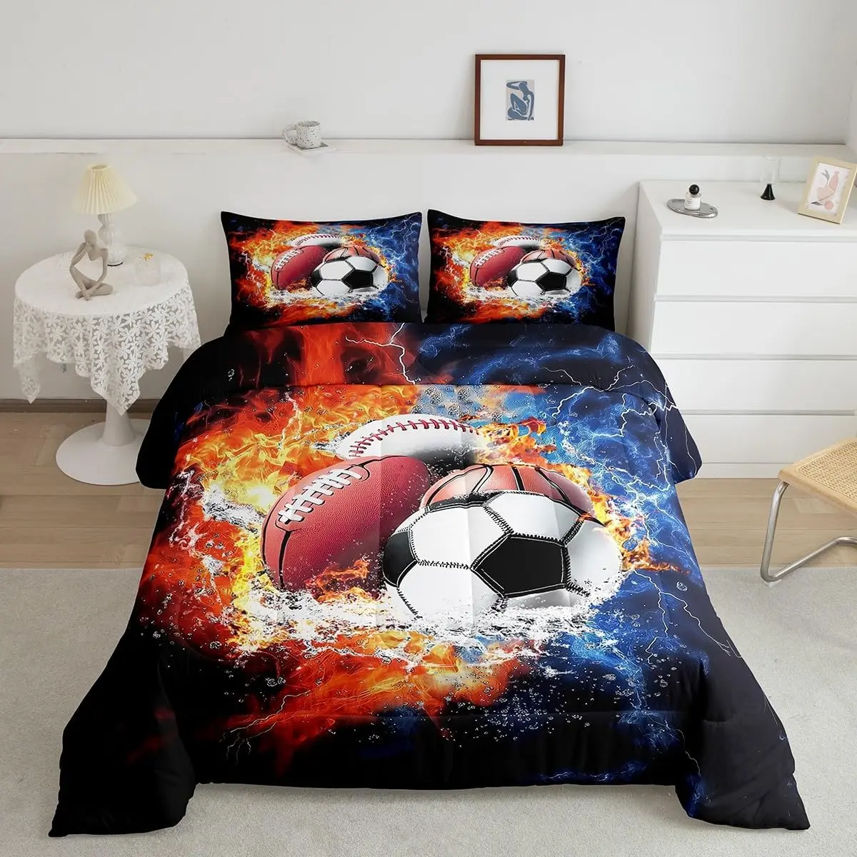 Feelyou 3D Sports Theme Microfiber Decorative Bedding Set - Multi-Size Digital Print Mixed Ball Design with Basketball, Baseball, Football, Black-Orange-Blue, Machine-Washable Quilt Duvet Set for Bedroom Decor, Microfiber Bedding Set