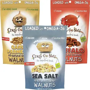 Crazy Go Nuts Savory Sampler Walnuts - Healthy Snacks, Gluten Free, Natural Superfood, Omega 3 Fatty Acids and Antioxidants, Plain with Sea Salt, Garlic Parmesan, and Buffalo - 4.5 oz, 3-Pack