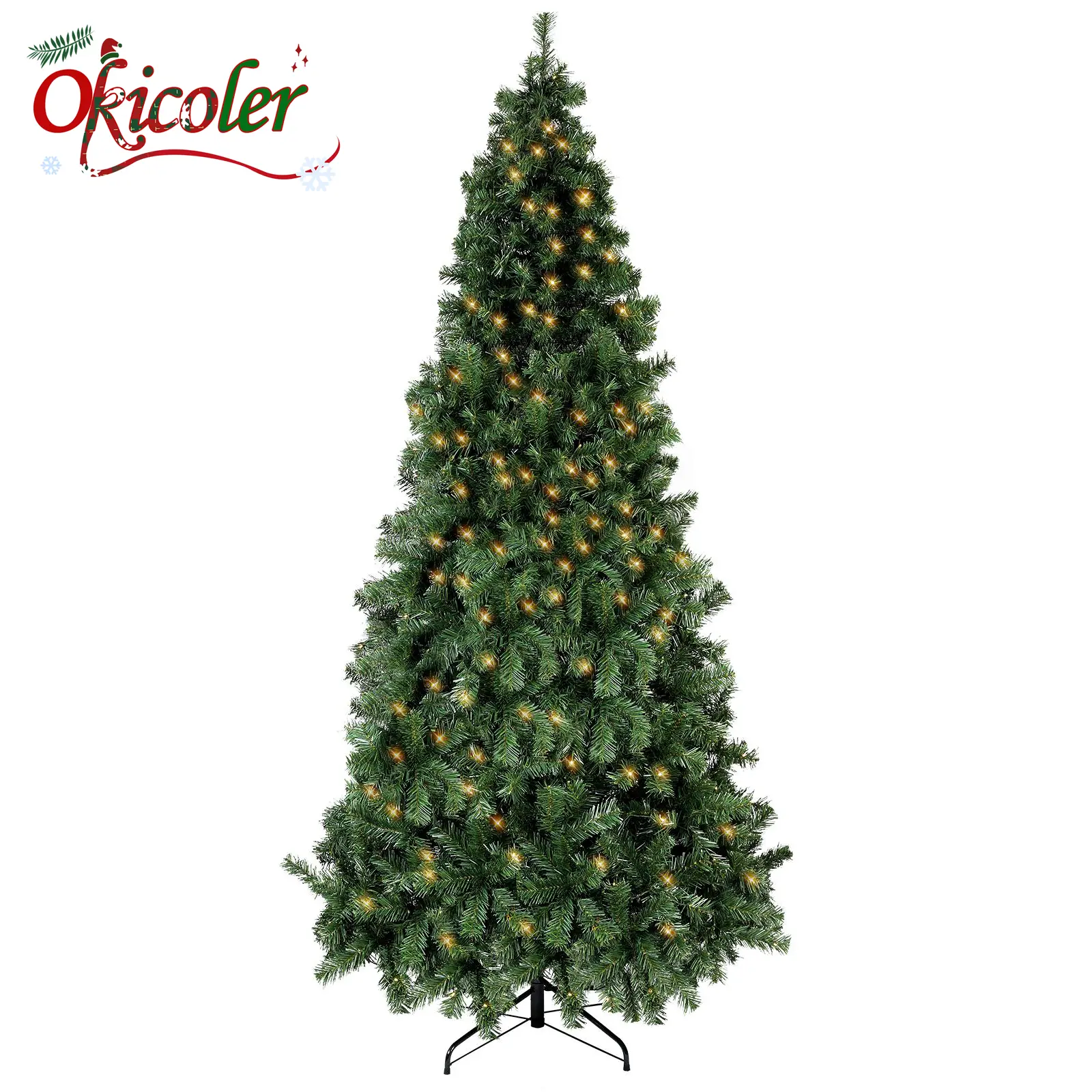 Okicoler 6.5 FT Pre-Lit Christmas Tree Premium Hinged Artificial Pine Lighted Holiday Tree for Home, Office w/ 1000 Branch Tips, 250 Lights, Metal Hinges, Foldable Base
