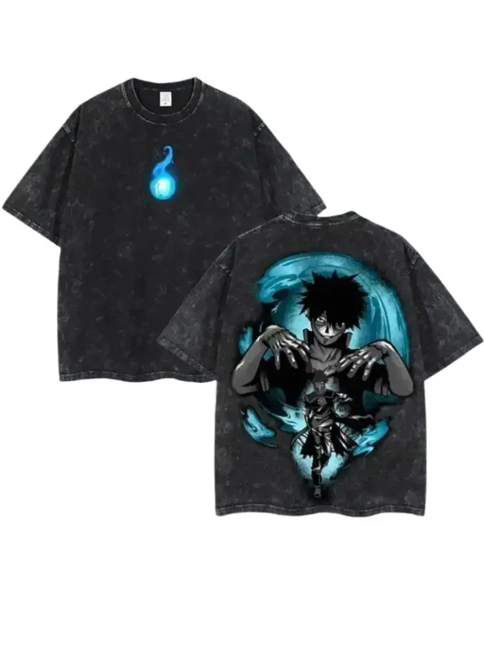 Unisex My Hero Academia Todoroki & Dabi Double-Sided Vintage Washed Graphic T-Shirt, Heavyweight Cotton Oversized Retro Anime Streetwear Short Sleeve Top, Casual Cotton Menswear Anime Tee for Anime Fans