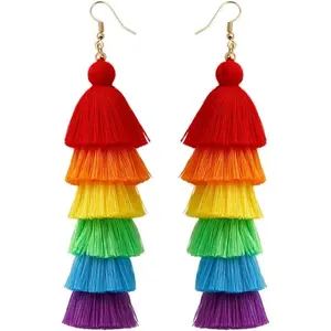 Rainbow Layered Tassel Beaded LGBT Pride Dangle Earrings Colorful Gay Lesbian Pride Earrings for Women Jewelry
