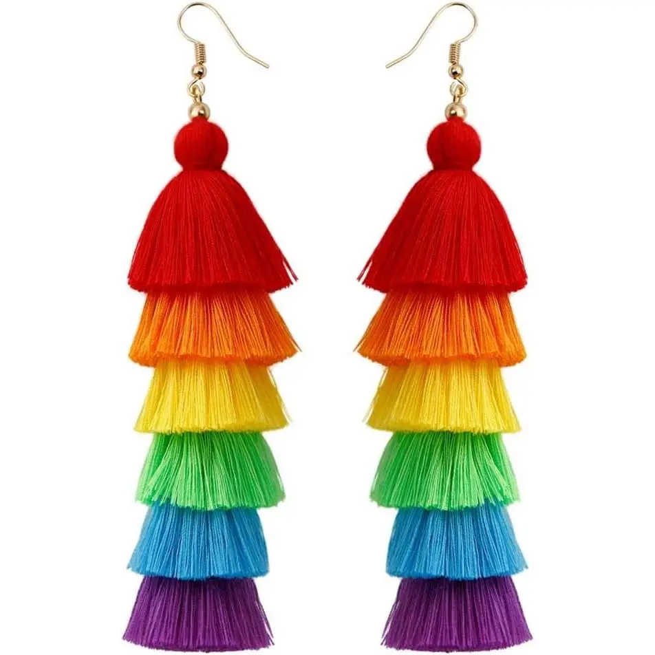 Rainbow Layered Tassel Beaded LGBT Pride Dangle Earrings Colorful Gay Lesbian Pride Earrings for Women Jewelry