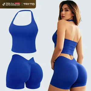 TRYTO Two Pieces suit Impact Halter Top & V-Back Scrunch Shorts  High Support Butt Lifting Gym Yoga Activewear Set