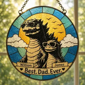Personalized Godzilla Dad Suncatcher, Funny Dinosaur Father’s Day Gift, Best Dad Ever Stained Glass Window Hanging, Custom Dad Name Ornament