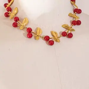 Cherry necklace stainless Steel and acrilic 16 inches plus 2 inches extensión