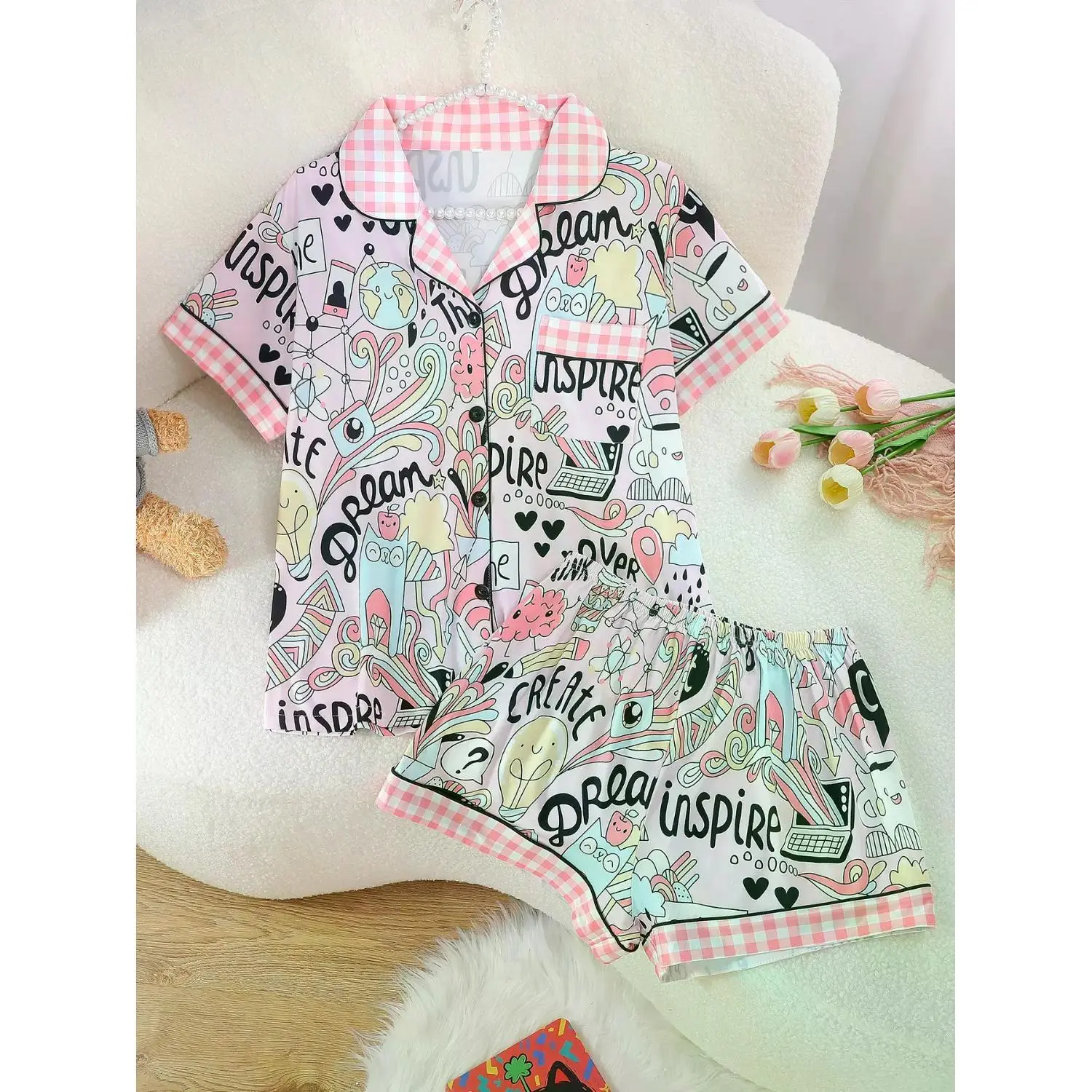 Women's 2-Piece Short Sleeve Pajama Set, Cartoon Bear Print, Casual Open Front Top & Elastic Waist Shorts, Comfortable All-Season Sleepwear