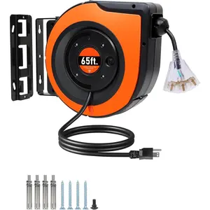 65FT Retractable Extension Cord Reel, 12AWG/3C SJTOW Heavy Duty Power Cord with Lighted Triple Tap Outlet, 15A Circuit Breaker, 180? Swivel Removable Bracket for Wall/Ceiling Mount, UL Listed