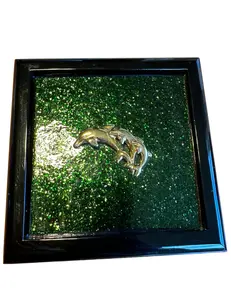 Handcrafted Black Enamel Wooden Box with Green Fused Glass and Gold Dolphin Accents - Unique Jewelry or Trinket Box Gift Organiser