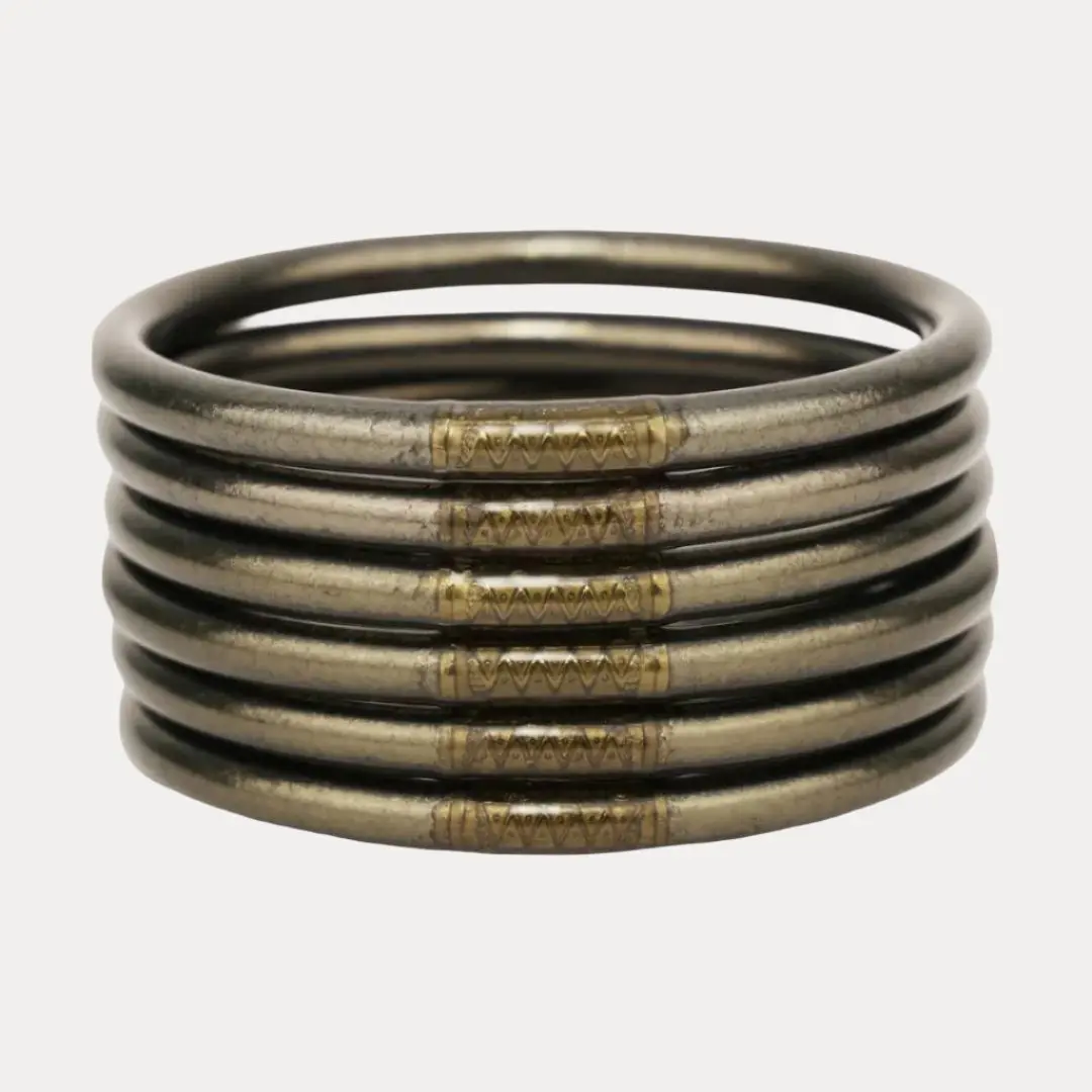 BuDhaGirl Flint All Weather Bangles (Set of 6), Gold Leaf Infused Aesthetic Bracelets Set for Women - Waterproof, Soundless Wrist Stack with Serenity Prayer Bead, Gold Aesthetic
