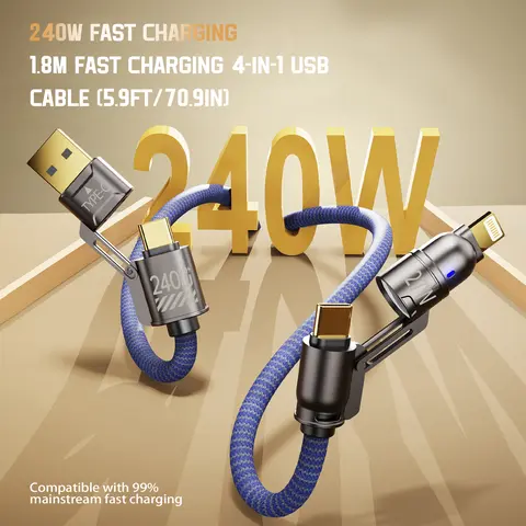 BiLOLLY 4-in-1 USB-C Multi Charger Cable 5.9ft Braided — 240W Fast Charging, Data Sync, Lightning/USB-C/USB-A Ports, Universal Smartphone & Tablet Cable for iPhone, iPad, Android Devices