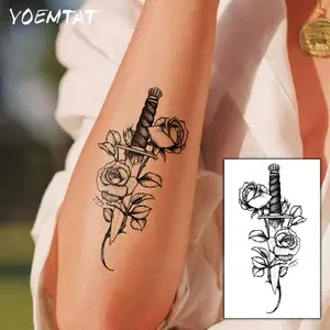 Waterproof Temporary Tattoo Stickers, Dark Style Dagger Rose Leaf Knife Small Pattern, Body Art Arm Fake Tattoos Sleeve Set