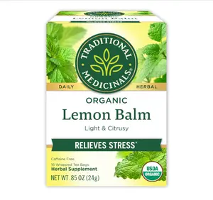 Traditional Medicinals Organic, Lemon Balm - Supports Stress Relief & Digestive Health - Kosher, Non-GMO, Caffeine-Free, Compostable - 16 Tea Bags