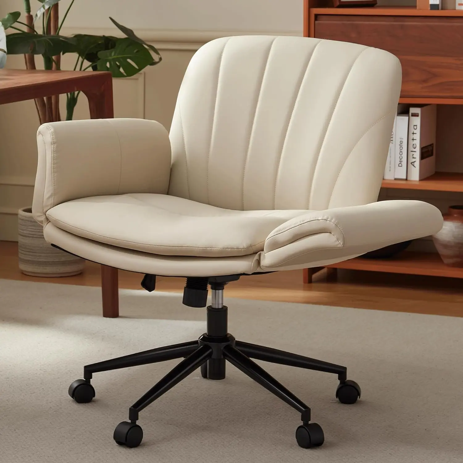 [DealsForYouDays] Criss Cross Chair with Five-Level Adjustable Arms and Wheels - Comfortable Ergonomic PU Leather Swivel Vanity Chair - Computer Makeup Gaming Chair for Home Office, Bedroom, Vanity Room,dorm essentials,home decor