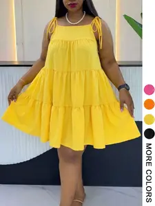 Plus Size Square Neck Tie-Strap Tiered Dress, Loose Babydoll Sundress for Curvy Girls, Summer Vacation Outfit