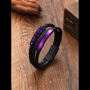 Punk style woven texture design Pu leather layered magnetic bracelet, men's and women's stainless steel accessories, party, daily decoration, birthday gifts