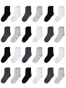 Kid's 24 Pairs Random Solid Crew Socks, Casual Comfy Breathable Mid Calf Socks for Daily Wear, Kid's Socks for All Seasons, Casual Stylish Socks